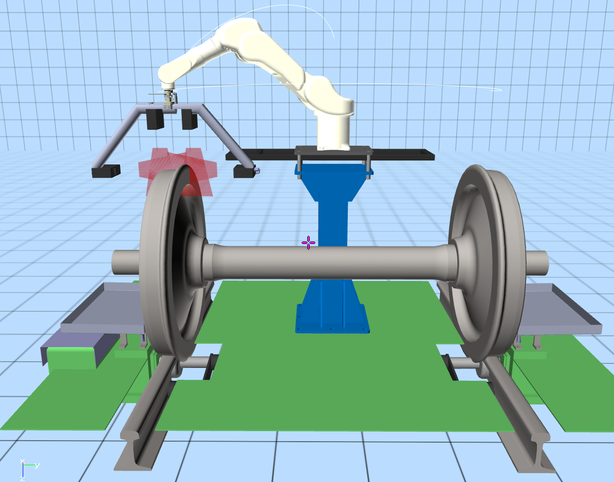 3D visualization of ROBOSKOP VTM-5000 LS scanning a railway wheelset with a robotic arm